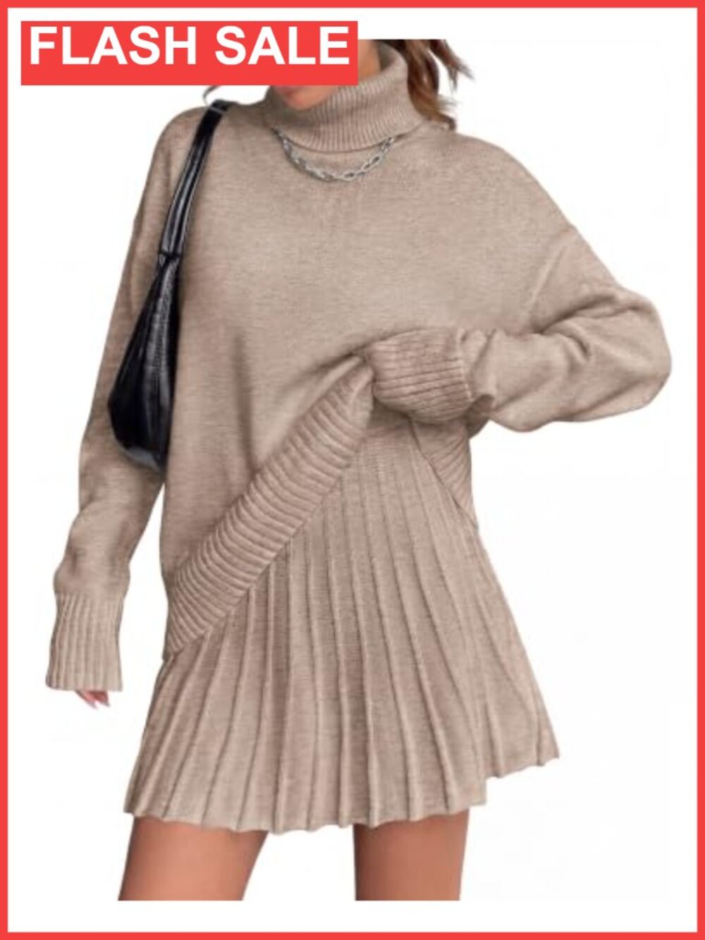 Two Piece Sweater Skirt Set Turtleneck Pullover Pleated Mini Skirt
